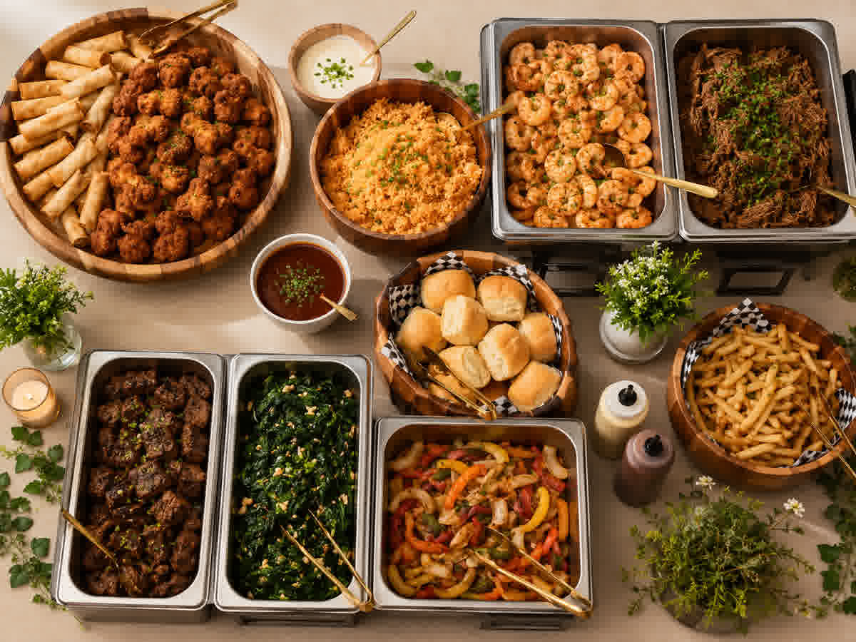 A TacoTaco buffet spread with trays of food for a group