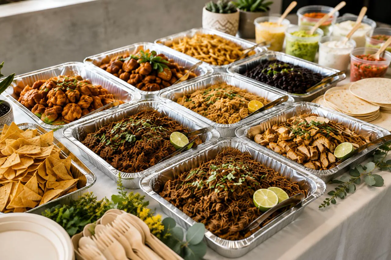 Catering trays with tacos, mains, tortillas, and toppings